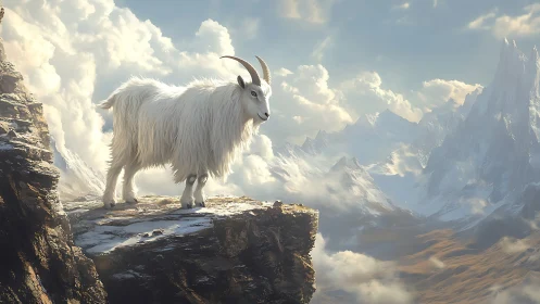 Mountain goat standing on rocky cliff above clouded peaks.