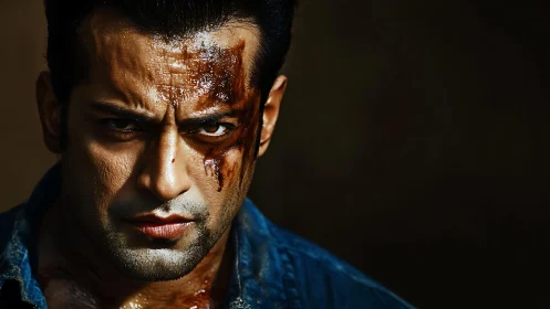 Fury-streaked warrior studies the camera with burning resolve