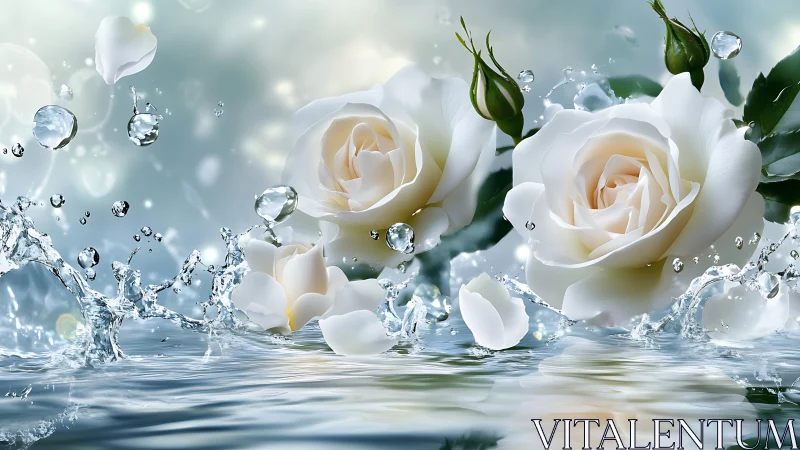 Cream roses immersed in dynamic water splash.