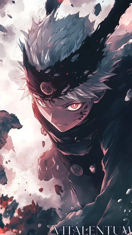 White haired anime fighter with headband rises through debris