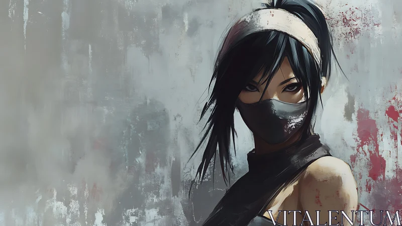 Masked cyber-noir heroine rendered in dynamic digital brushwork