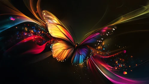 Digital butterfly form extends luminous multicolored trails