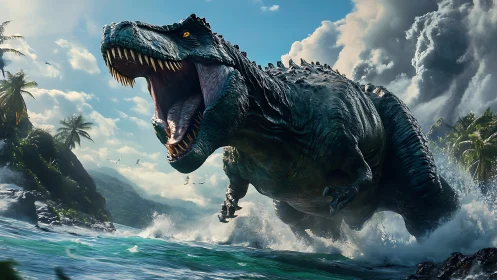 Large theropod dinosaur advancing through coastal surf scene.