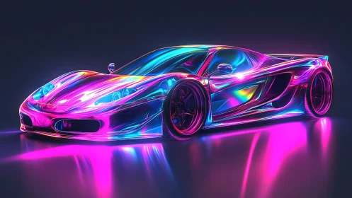Neon supercar glows under iridescent cyberpunk lighting.