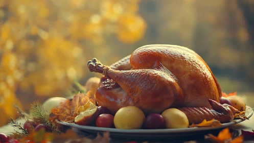 Roasted whole turkey on harvest table in warm autumn light.