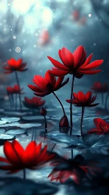Saturated red water lilies emerge sharply against cool cyan bokeh