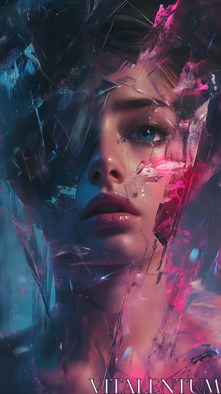 Female face is rendered through fractured glass and neon light