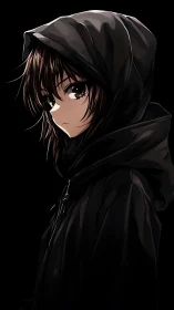 Quiet hooded anime girl stands in soft, moody shadows
