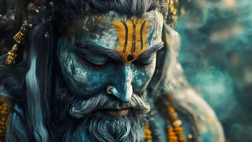 Close portrait of painted bearded deity statue with closed eyes