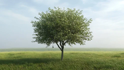 Solitary meadow tree sipping dawn hush and quiet light.