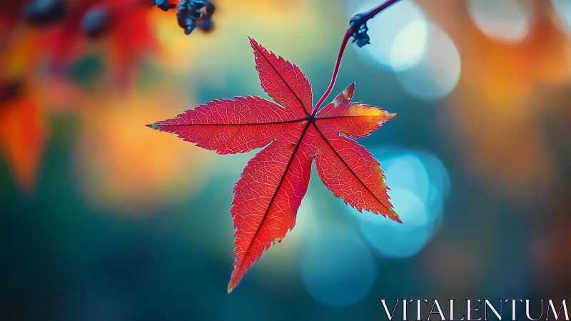Single crimson leaf dancing in dreamy autumn light.