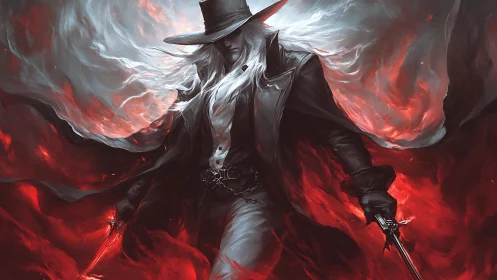 Stormlit gunslinger strides through swirling crimson fire