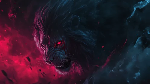 Midnight lion of embers prowling through neon storm.