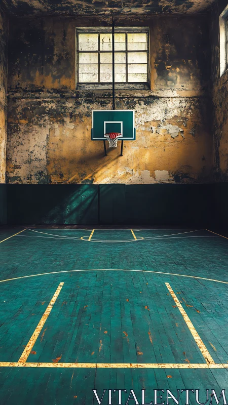 Faded gymnasium waits patiently under a dust-laced light shaft