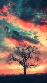 Lone twilight tree under nebula-kissed burning skies.