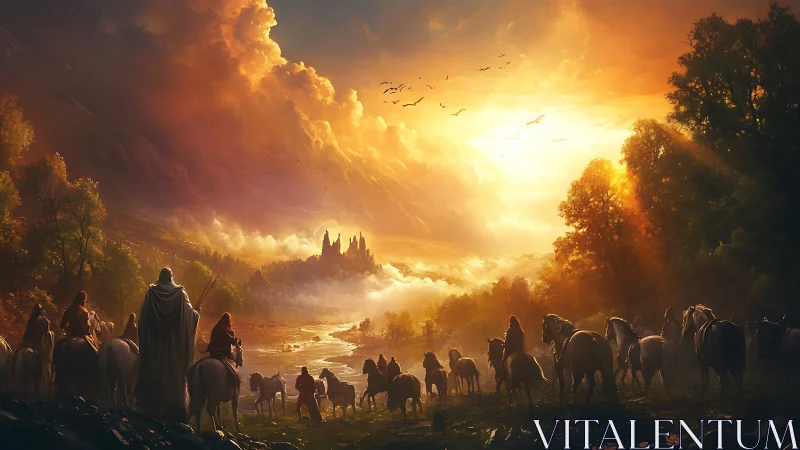 Riders converge on misty valley citadel at blazing sunrise.