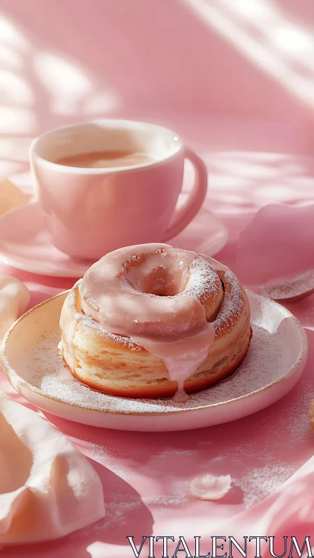 Pink glazed pastry with coffee in monochromatic setting.