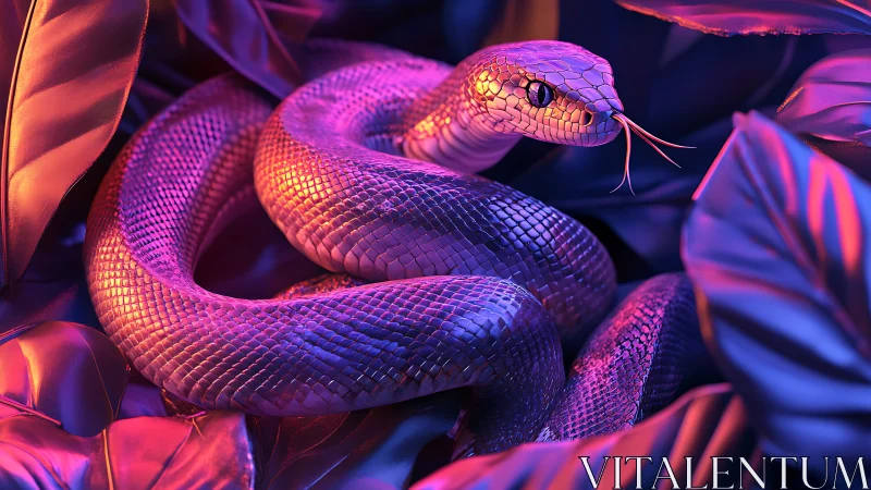 Neon-lit coiled snake rendered with high-detail reflective scales