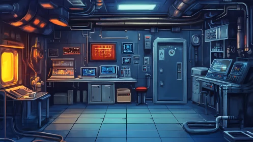 Midnight control bunker hums with neon circuitry and secrets.