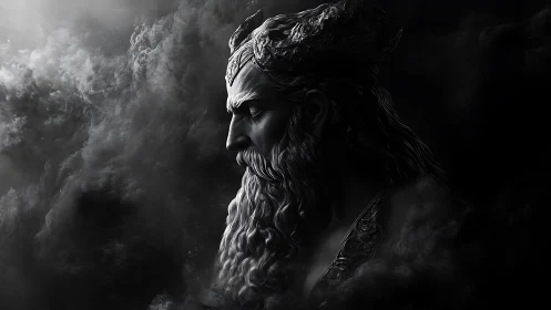 Monochrome side-profile godlike bust rendered with high-contrast volumetric lighting