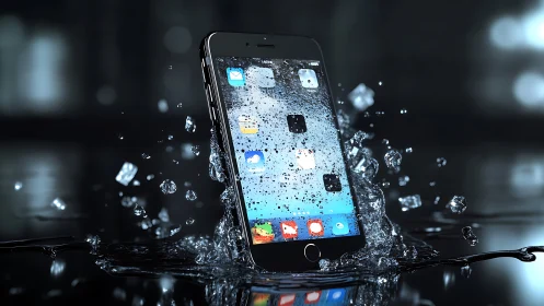 Smartphone partially submerged in water with splash droplets.