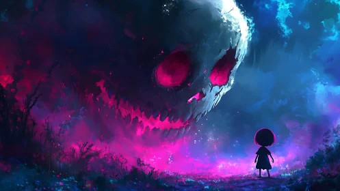 Child confronts colossal neon skull in spectral twilight.