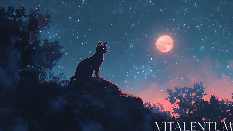 Silhouetted cat observes glowing full moon in gradient night sky