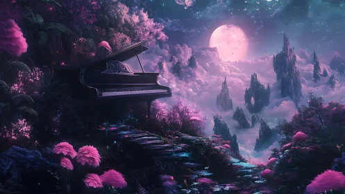 Grand piano positioned in luminous fantastical lunar landscape