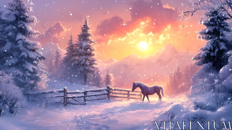 Snowlit horse at ember sunrise in a hush of winter magic.
