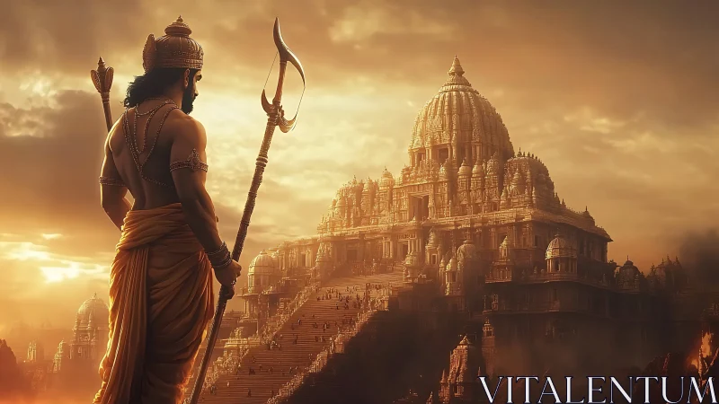 Sun-drenched warrior pauses before a mythic golden citadel