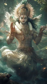 Divine winged deity in luminous aquatic celestial vortex