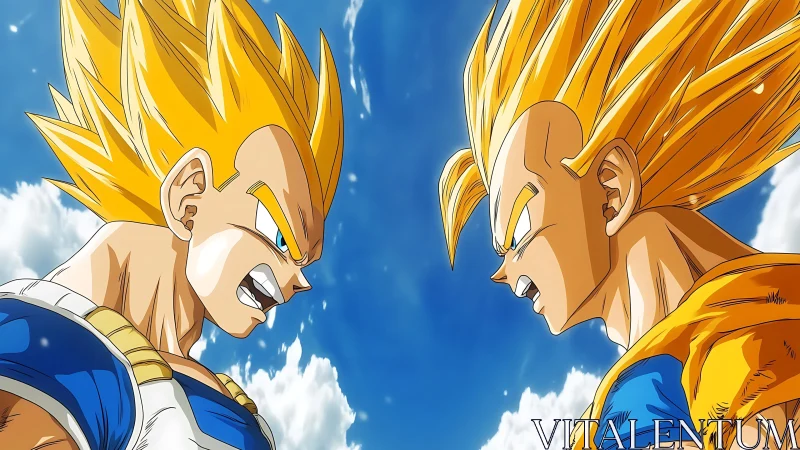 Symmetrical anime duel showcasing mirrored Super Saiyan profiles