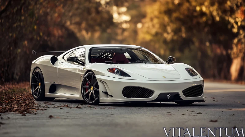 White supercar poised on forest road at golden hour.