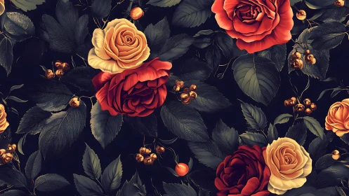Crimson and Gold Roses Against Dark Botanical Canvas.