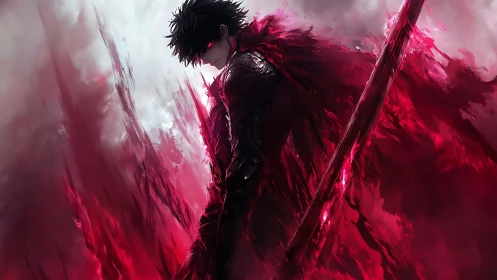 Crimson entropy warrior in turbulent volumetric cloak field.