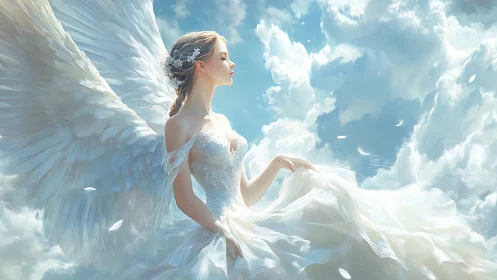 Sky-borne bridal seraph drifting through feathered light.
