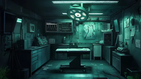Derelict surgical theater with teal forensic monitor glow