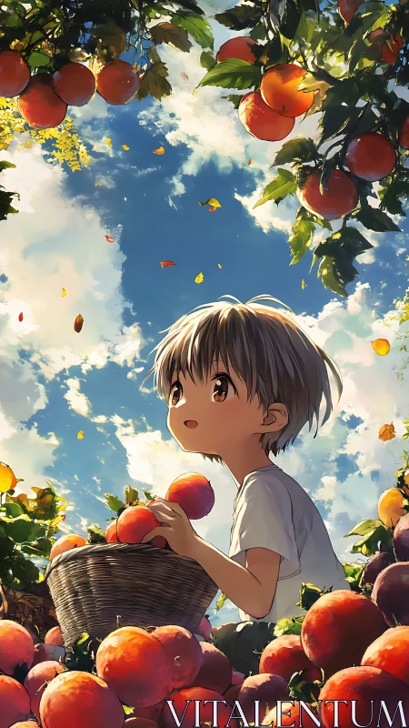 Autumn orchard perspective with anime child and dynamic sky lighting.