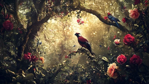 Backlit songbirds perch amid rose-laden forest canopy