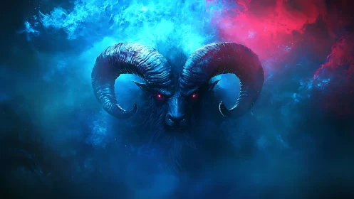 Celestial ram spirit glows within swirling cosmic mist.