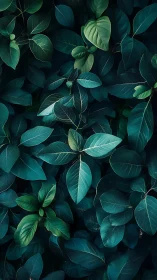 Moody close-up of layered green leaves in soft light.