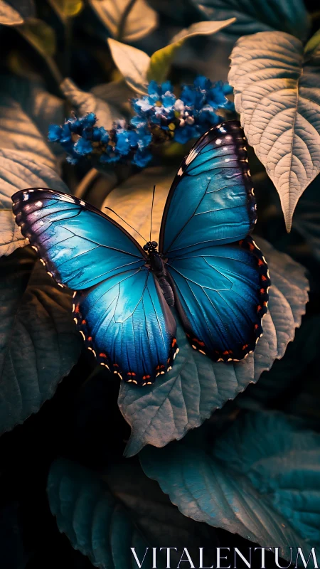Macro study of blue morpho butterfly on sculpted foliage.