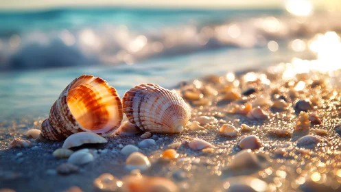 Sea shells on wet sandy beach at soft sunset light.