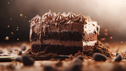 Multi-layer Chocolate Cake with Piped Frosting and Cocoa Garnish Composition.