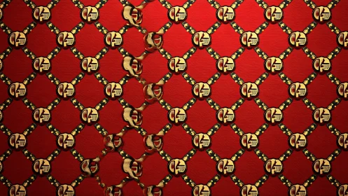 Repeating gold medallion lattice distorting across red textile