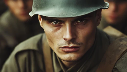 Close frontal portrait of soldier in steel helmet outdoors.