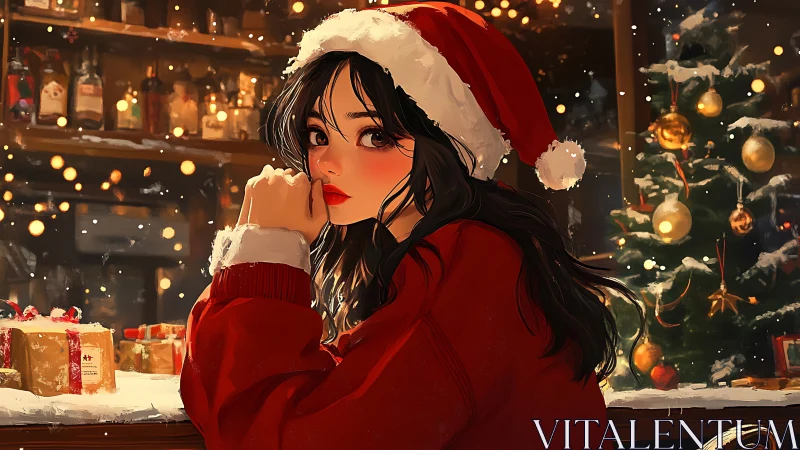 Girl in red Santa hat at warm festive Christmas table.