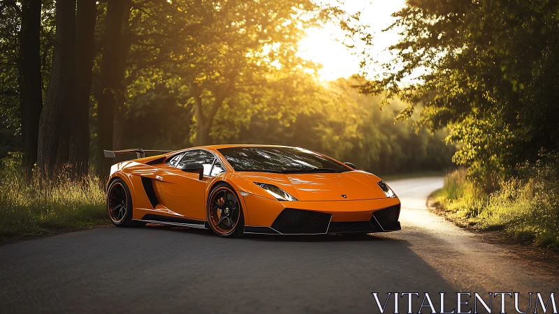 Photorealistic orange supercar on sunlit woodland road scene.