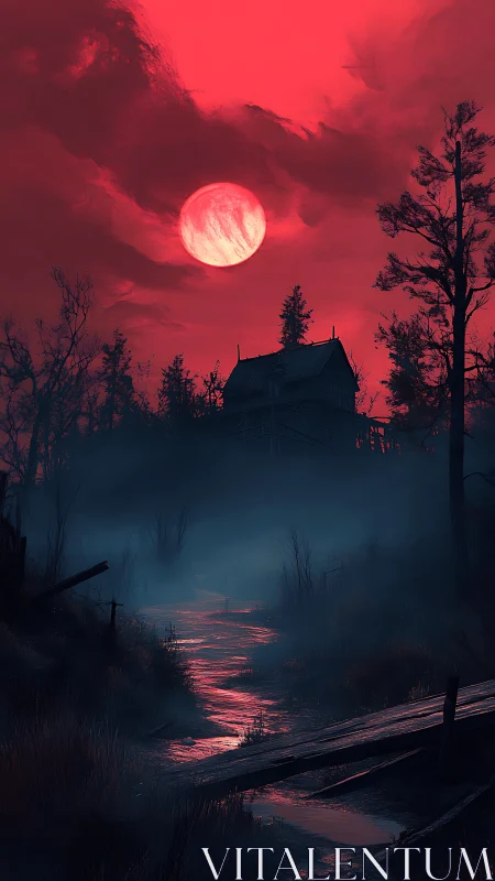 Blood-red moon above misty marsh and haunted stilt house.