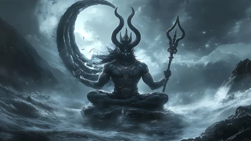 Horned deity meditating over stormy ocean in twilight.
